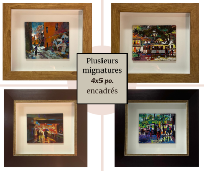 Œuvres miniatures diverses – acrylique sur masonite 5 x 4