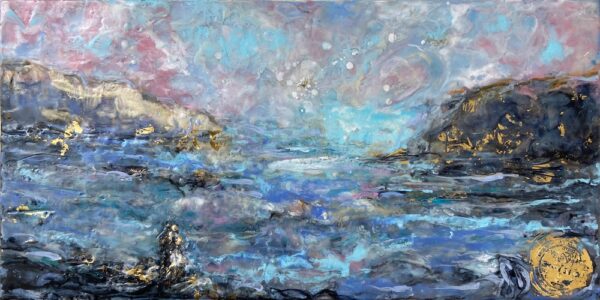 Encaustic painting by Gabrielle Dumont, Contemplating Time, luminous landscape in shades of blue, pink, and gold.