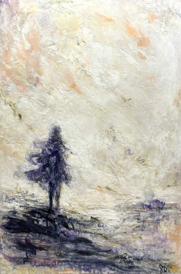 Encaustic painting 36x24 by Gabrielle Dumont, Return to Self, solitary figure moving toward inner light.