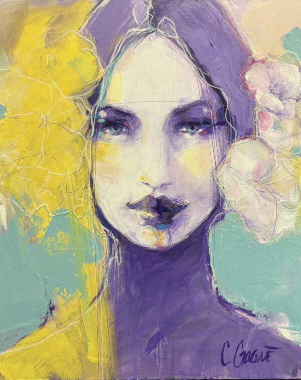 Portrait féminin contemporain « Esme » de Christine Gagné, peinture originale 30 x 24 aux couleurs violettes, jaunes et turquoise.