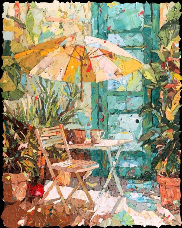Painting Serre 20 x 16 by Debby Talbot, acrylic mosaic depicting a sunny greenhouse with parasol, table, chairs, and lush greenery.
