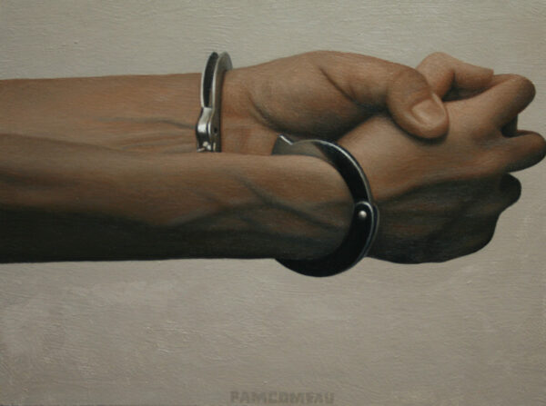 Hyperrealist painting of two clasped hands in handcuffs, horizontal close-up with raking light and neutral tones.