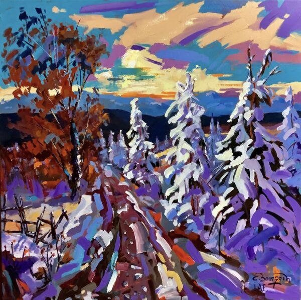 Apaisant et calme, 30 x 30 acrylic by Clarence Bourgoin—colorful winter landscape with snowy evergreens and dusk sky.