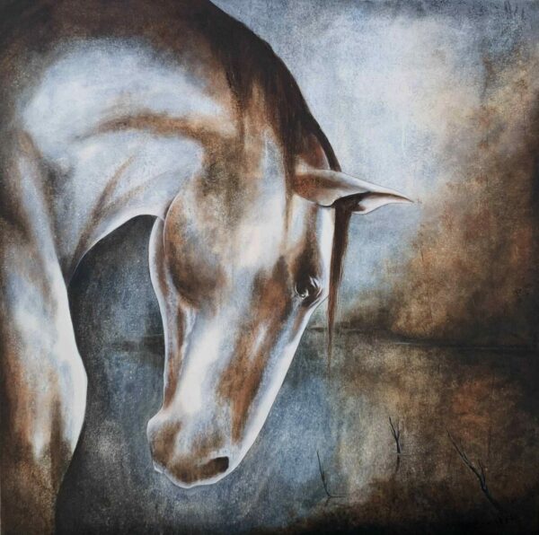 Sophie Lebeuf, Silence habité, acrylique et bauxite sur toile, 30x30 po — profil de cheval lumineux, textures minérales, tons terre et gris bleuté.