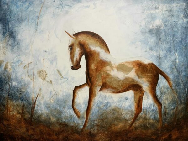 Sophie Lebeuf, Noble sans arrogance, bauxite, coke and acrylic on canvas, 30x40 in — horse profile with mineral textures in earthy and steel-blue tones.